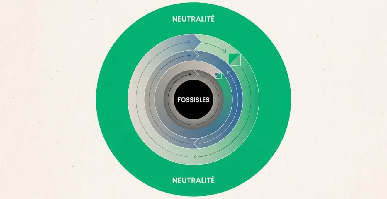 Composition abstraite de cercles concentriques représentant la transition énergétique : cercle noir central entouré d'anneaux dégradés gris-bleu-vert jusqu'au cercle vert émeraude extérieur symbolisant la neutralité carbone