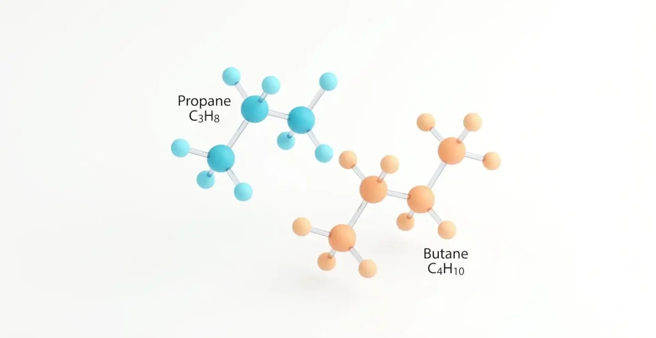 Représentation 3D minimaliste de molécules de propane en bleu cyan et de butane en orange sur fond blanc pur, avec liaisons atomiques transparentes