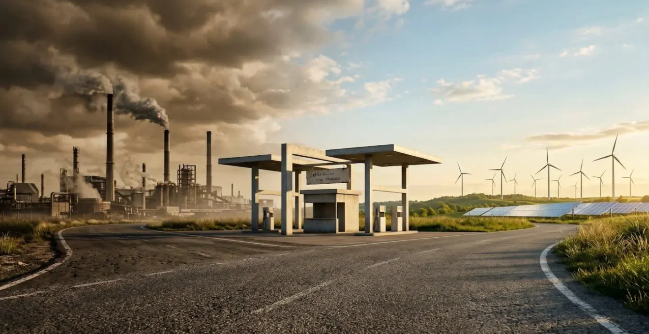 Route bitumée se divisant en deux chemins : à gauche, cheminées industrielles fumantes en tons gris