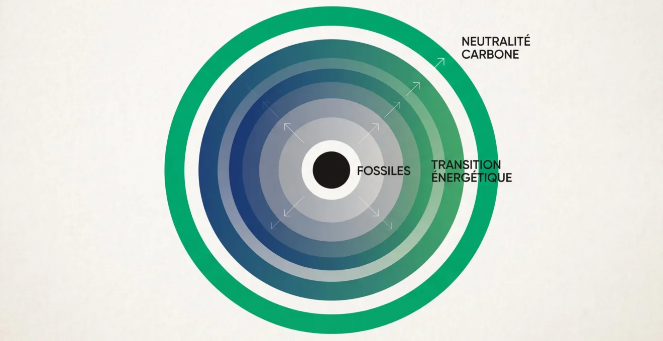 Composition abstraite de cercles concentriques représentant la transition énergétique : cercle noir central entouré d'anneaux dégradés gris-bleu-vert jusqu'au cercle vert émeraude extérieur symbolisant la neutralité carbone