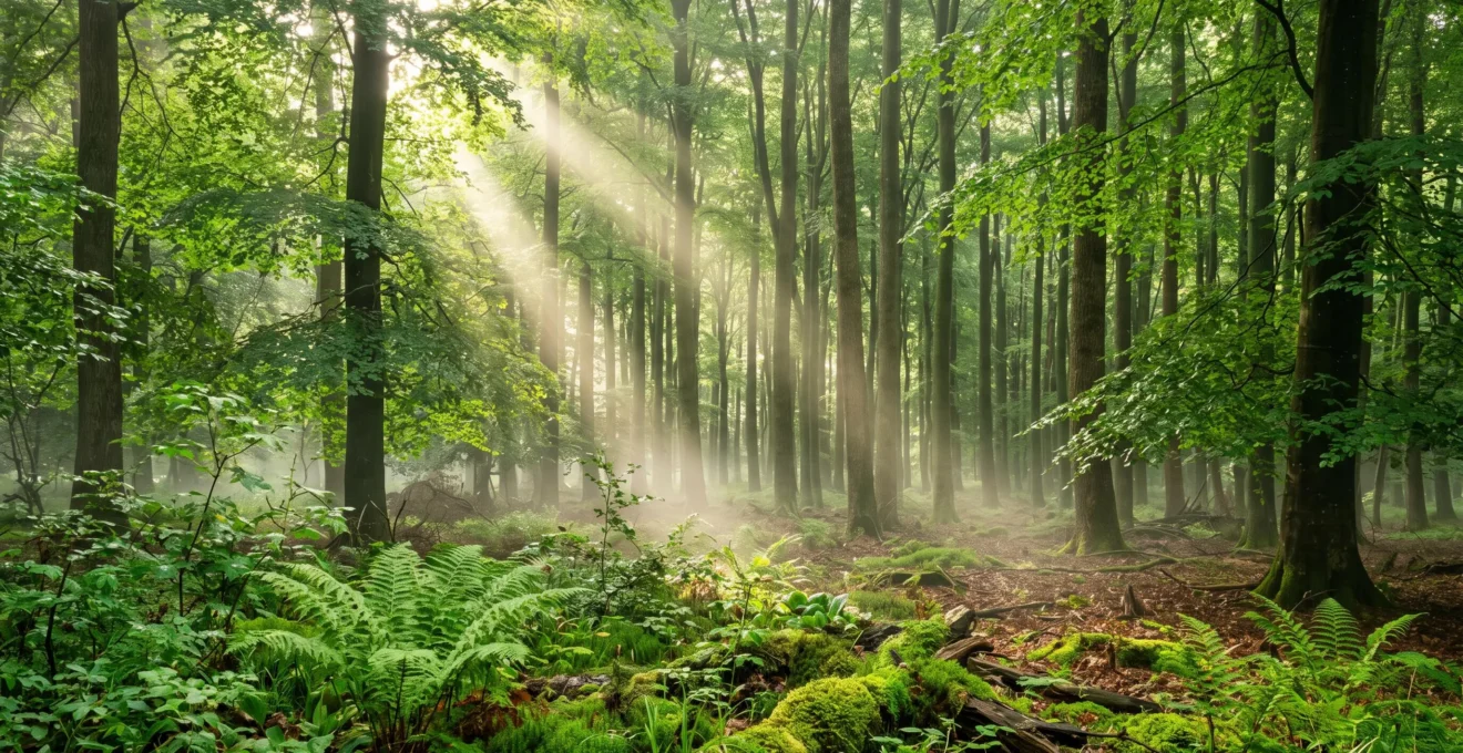 Forêt dense de feuillus avec rayons de lumière matinale filtrant à travers le feuillage, fougères vertes au premier plan et brume légère au sol