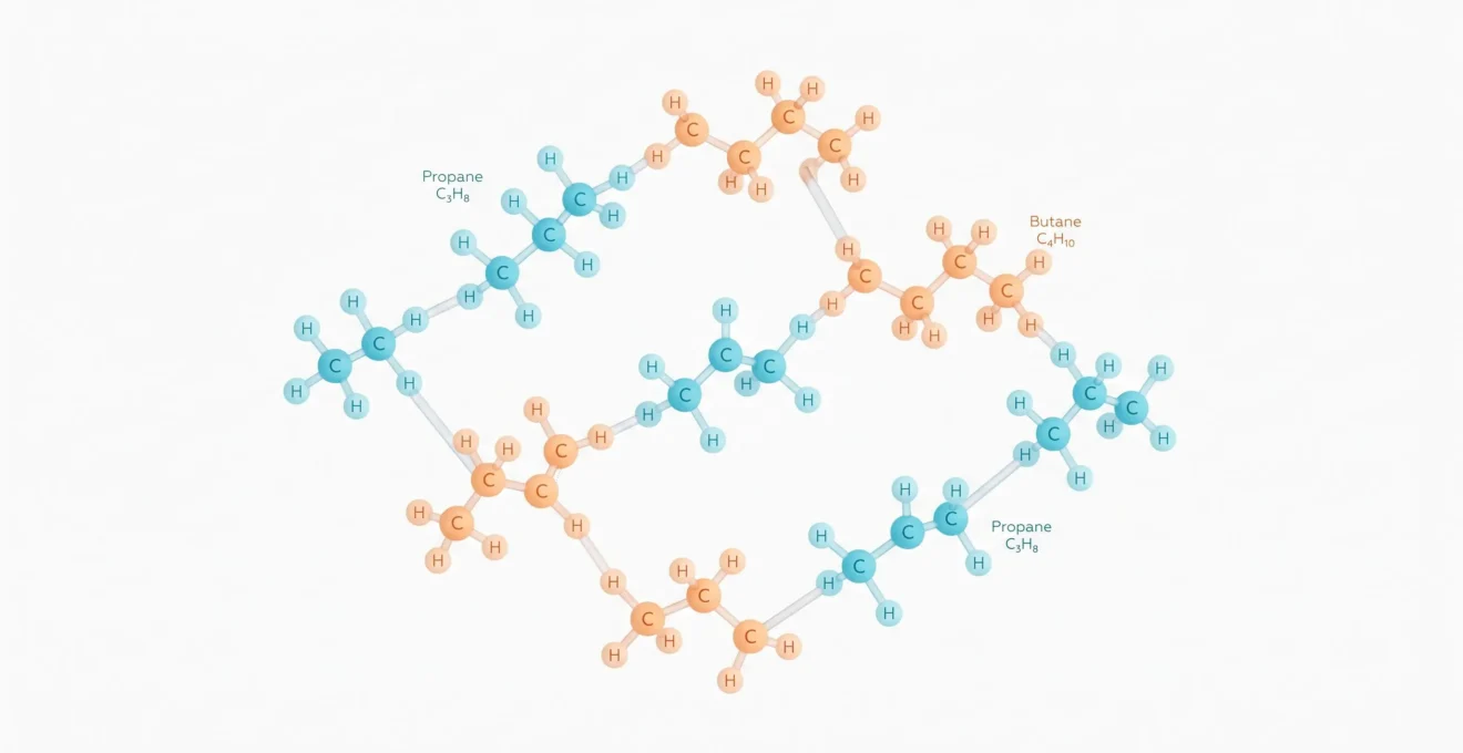 Représentation 3D minimaliste de molécules de propane en bleu cyan et de butane en orange sur fond blanc pur, avec liaisons atomiques transparentes