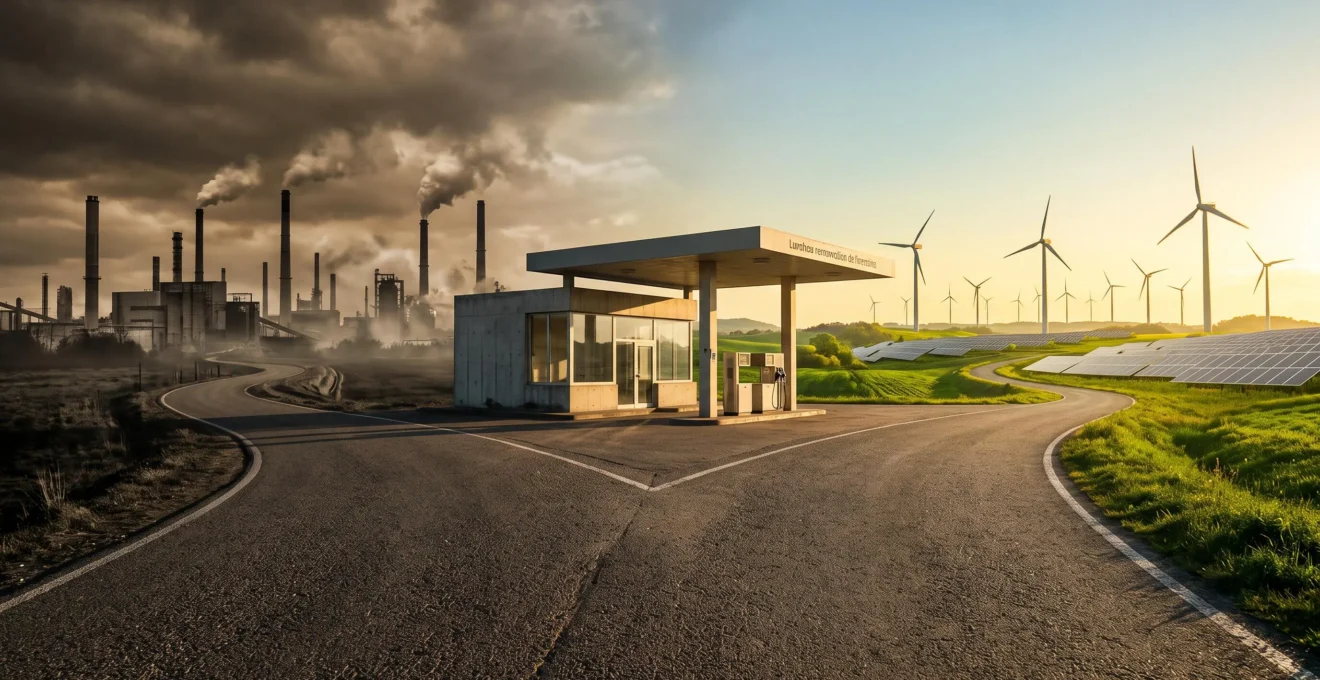 Route bitumée se divisant en deux chemins : à gauche, cheminées industrielles fumantes en tons gris
