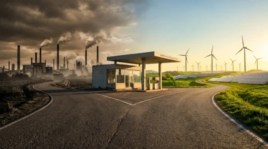 Route bitumée se divisant en deux chemins : à gauche, cheminées industrielles fumantes en tons gris